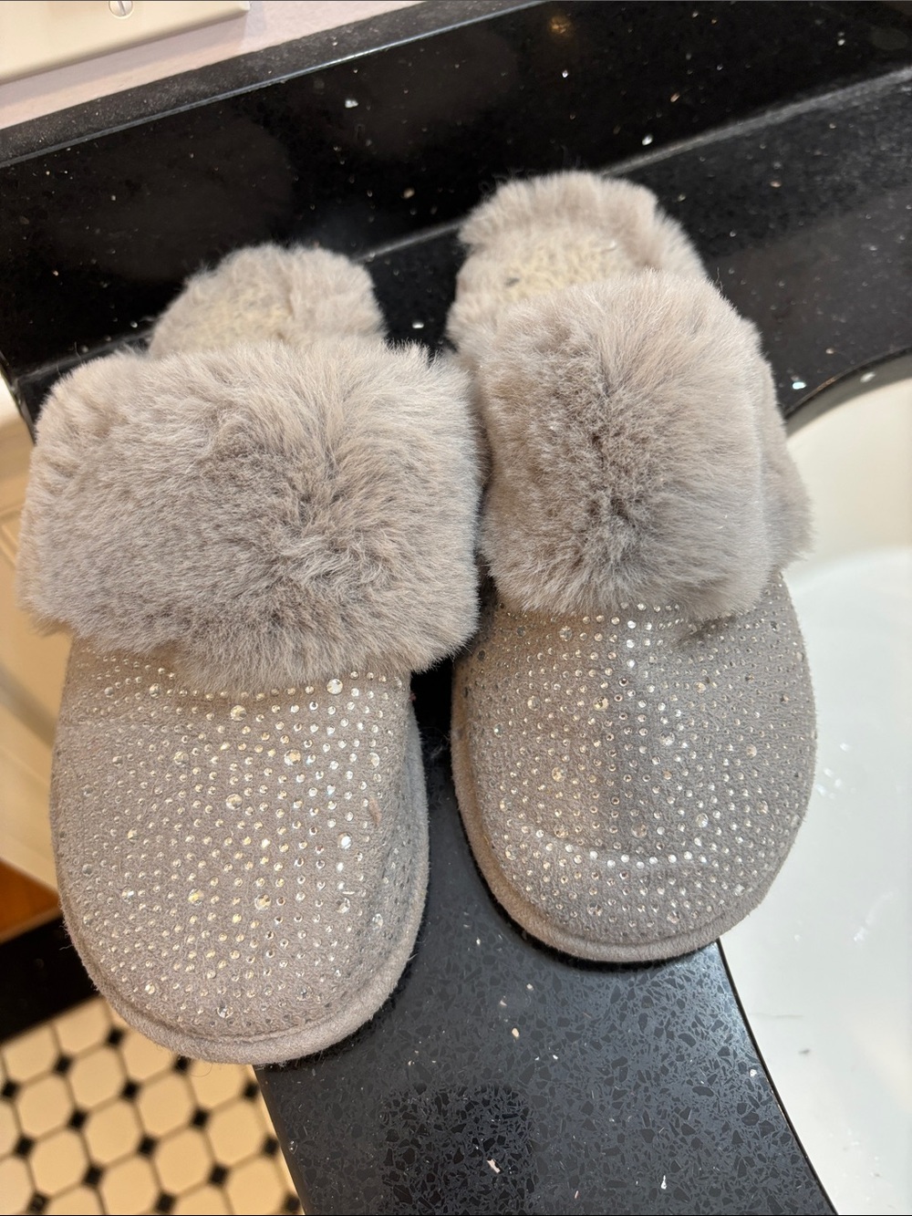 Ann Taylor Factory Gray Fur-Trim Crystal Slippers